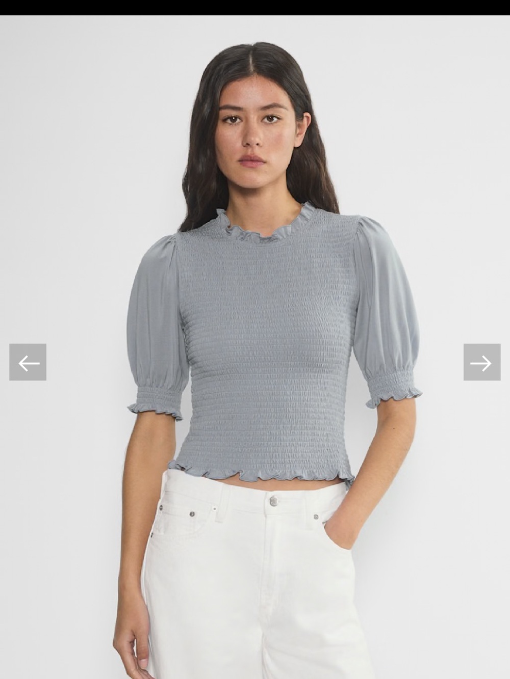 Aritzia Wilfred Smocked Puff Sleeve Cropped Top with Stretch— Light Gray